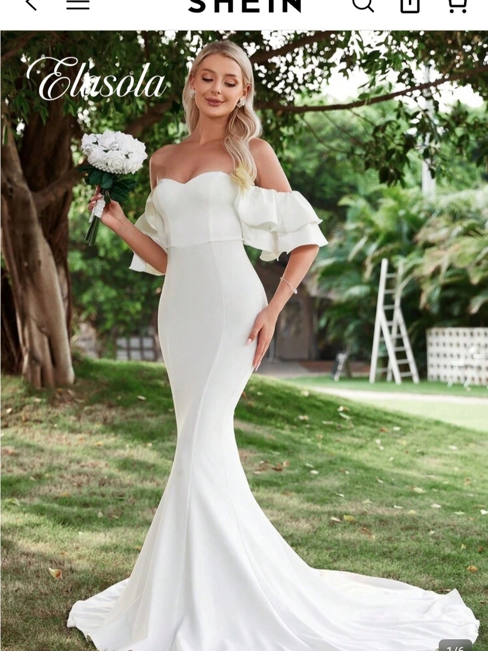 SHEIN White Off-Shoulder Mermaid Bridal Gown with Ruffle Sleeves